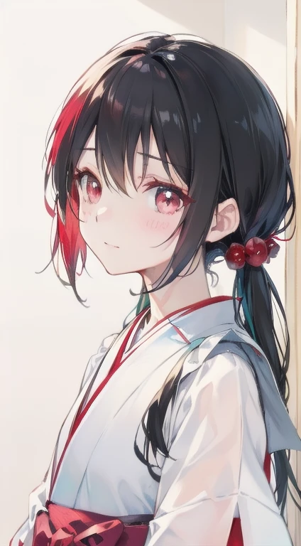 Highest Resolution、An illustration、1 person、Beautiful Face、cute、White Background、(watercolor:1.2)、2D、Upper Body、Black kimono、Landmines、jirai、Frills、Pink Hakama、Black hair in twin tails、Red lipstick、See-through bangs、Looks embarrassed、Red blush under the eyes、Sorry face、Graduation Ceremony、Pink Eyes、Droopy eyes