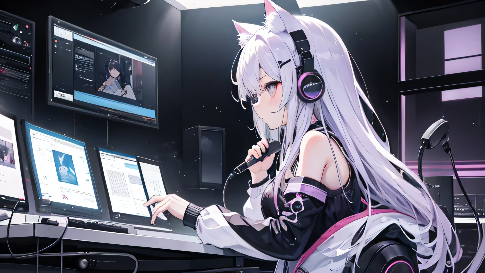 Distributor、Cat ear headphones、monitor、profile、beautiful girl、prism、Condenser microphone