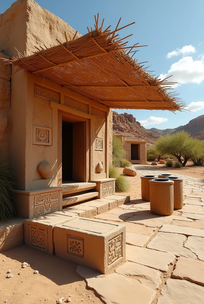 CREATE A PUBLIC BENCH TAKING AS A REFERENCE THE ACAPANA PARAMIDE, INCREASE TRASH CANS AND SOMETHING TO SHADE FROM THE SUN WITH A RUSTIC STYLE IN A DESERT CLIMATE