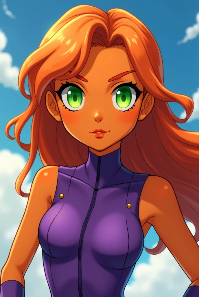 An orange skinned girl, wearing a purple sleeveless power suit. Her eyeballs are bright green, glowing and without pupils inside. She has orange long and wavy hair, an hairbang and she is busty. She flyes in the sky. Beautiful detailed face