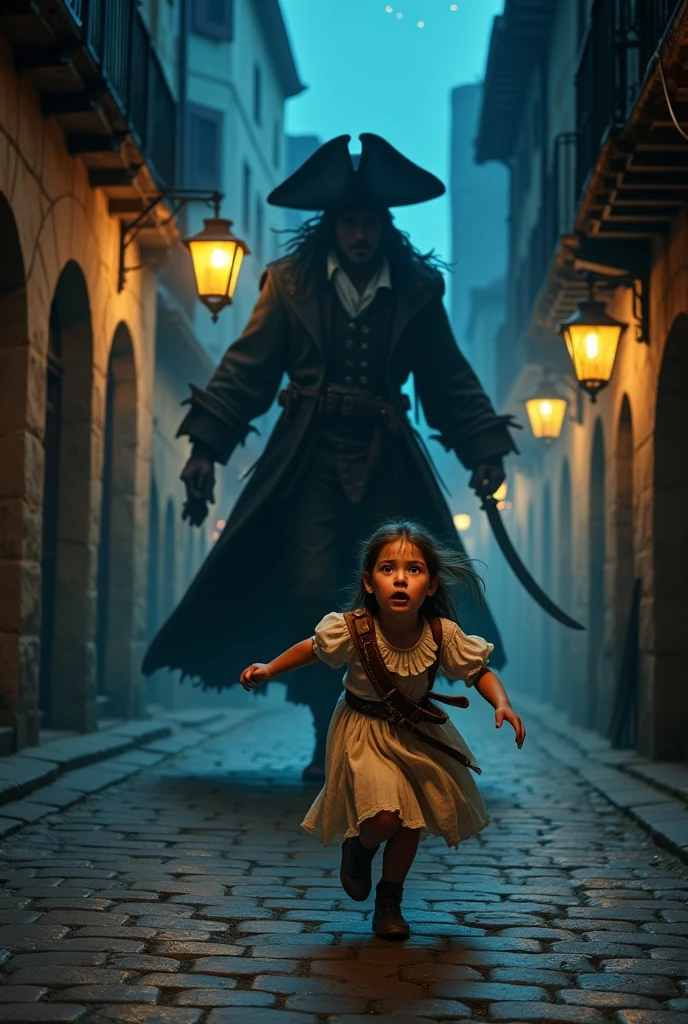 Create an image of a very pretty young girl with a scared face crying and escaping from a pirate at night on the street