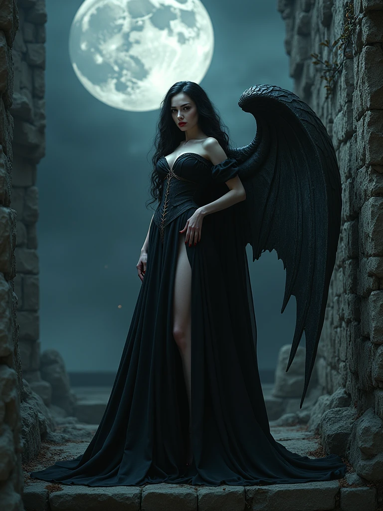 beautiful vampire woman with a gothic gargoyle body, medieval night setting, super realistic image