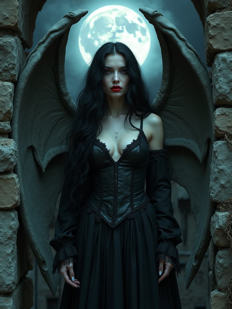 beautiful vampire woman with a gothic gargoyle body, medieval night setting, super realistic image