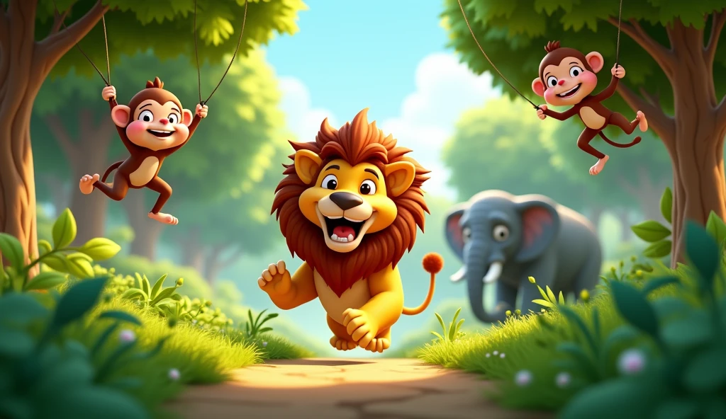 Lion’s chase, so wild and free. 3D cartoon, in forrest, lion running freely, monkeys on the trees swinging, elephant in background 3D cartoon