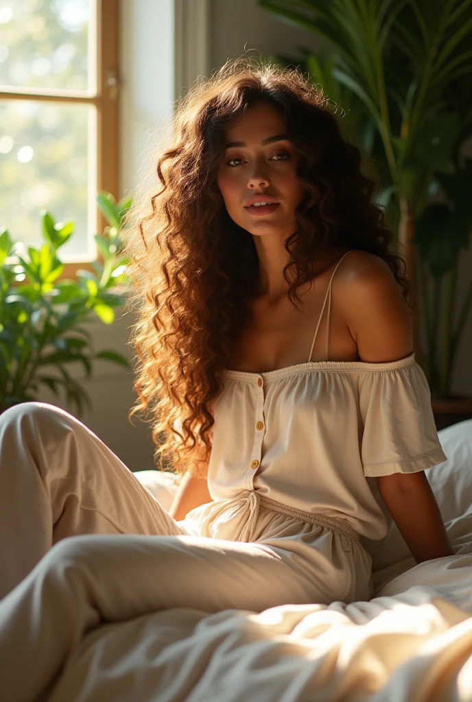 (photorealism:1.2), beautiful woman, sitting on bed, wearing loose off-shoulder top, pajama pants, long curly hair, indoors, soft lighting, plants in background, window with sunlight, cozy room, relaxed pose, realistic, intricate details, warm colors, by Greg Rutkowski, by Alphonse Mucha