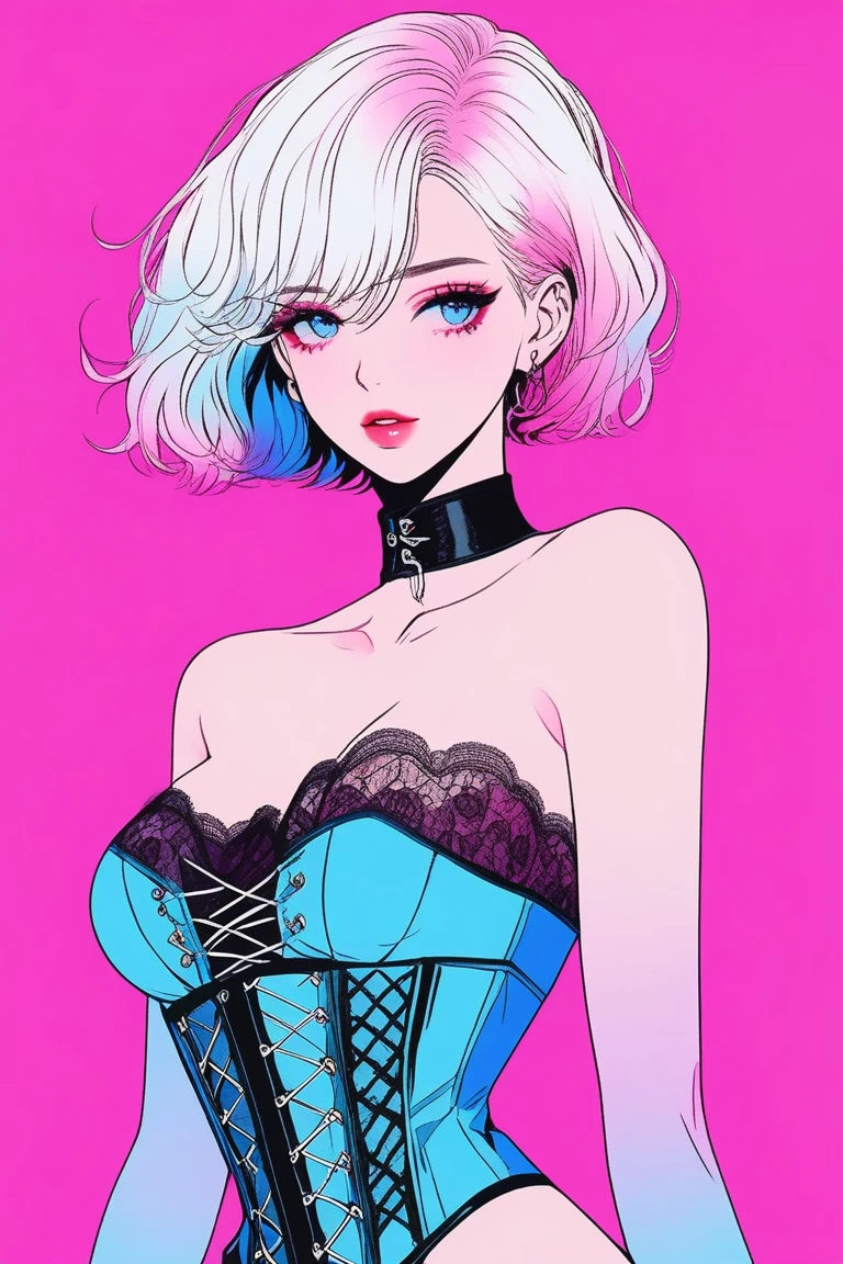 Illustrator, anime , Realistic ,sketch , 1 person, model, Portraiture, lip, She is wearing a strapless, lace-filled corset-like bodysuit., order, Blue and pink gradient background, Neon colored short straght hair, Big Breasts, Sexy look, Sexy pose, Texture Trim, Russia, (masterpiece,Highest quality)