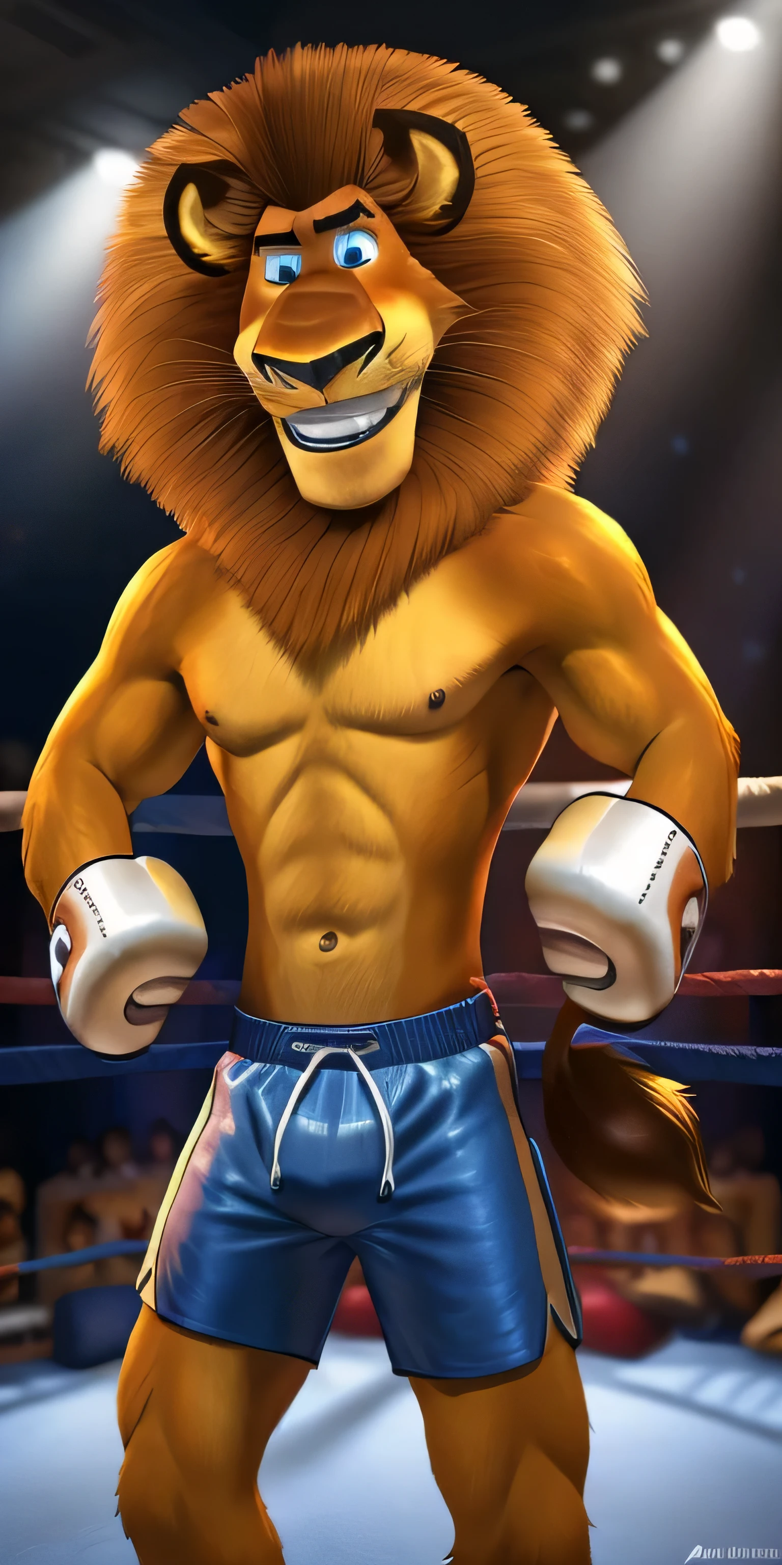 cartoon lion, AlexLion, male, solo, boxing ring background, detailed background,4k, 8k, photorealistic, high res, high-quality lighting, ultrarealistic, realistic fur, detailed fur, perfect hands, detailed hands, realistic eyes, perfect eyes, detailed eyes, white iris, light blue pupil,full body image, smile, muscular body, six pack abs, shirtless, boxing gear, blue shorts, blue boxing gloves, standing in the fighting stance