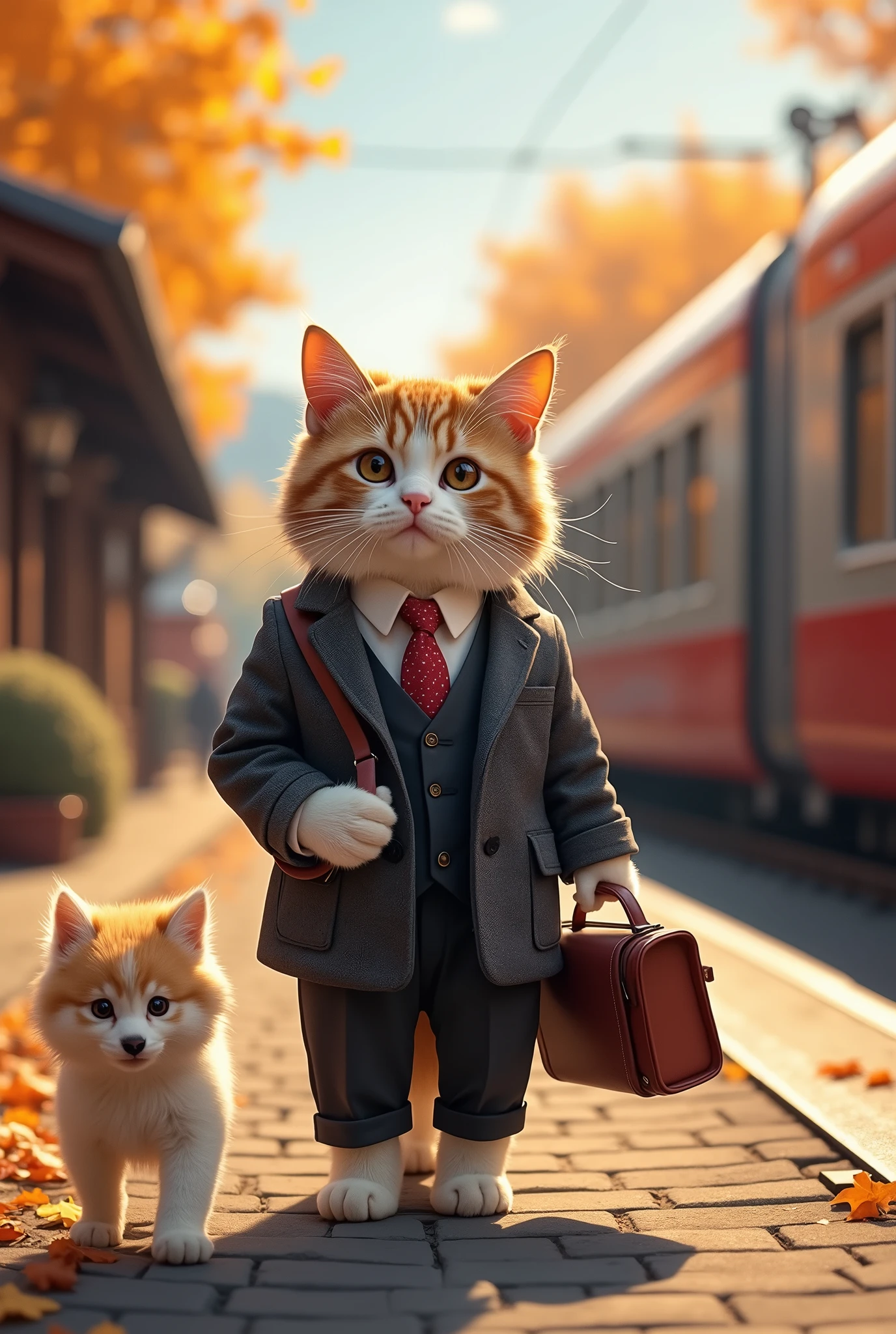 35mm lens，Cat，Are standing，doll，Carrying a small school bag，Tram，Hokkaido，Autumn Station，Wooden house，platform， Cape,Nguyen Gia,suit,tie，花Cat，Stupid dog,肌肉发达的雄Cat, (Delicate face), (High-quality fluffy fur)