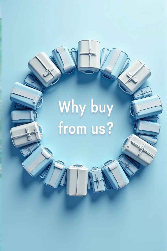 Creat a realistic image full of luxury bags attached around the cicle and write "why buy from us" in the center of the image in circle. Theme should be sky blue and white