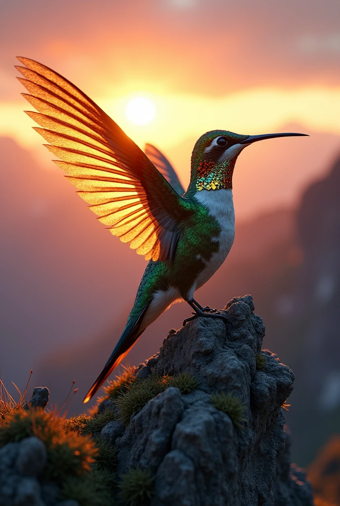 (Close-up of a majestic masterpiece:1.5)0.9], (Strong and united hummingbird:1.2), (Detailed golden armor:1.1), (Perched on top of an epic mountain:1.2), (Landscape at dusk:1.0), (Radiant light around the hummingbird:1.1), (Epic scenery symbolizing unity and determination:1.0)