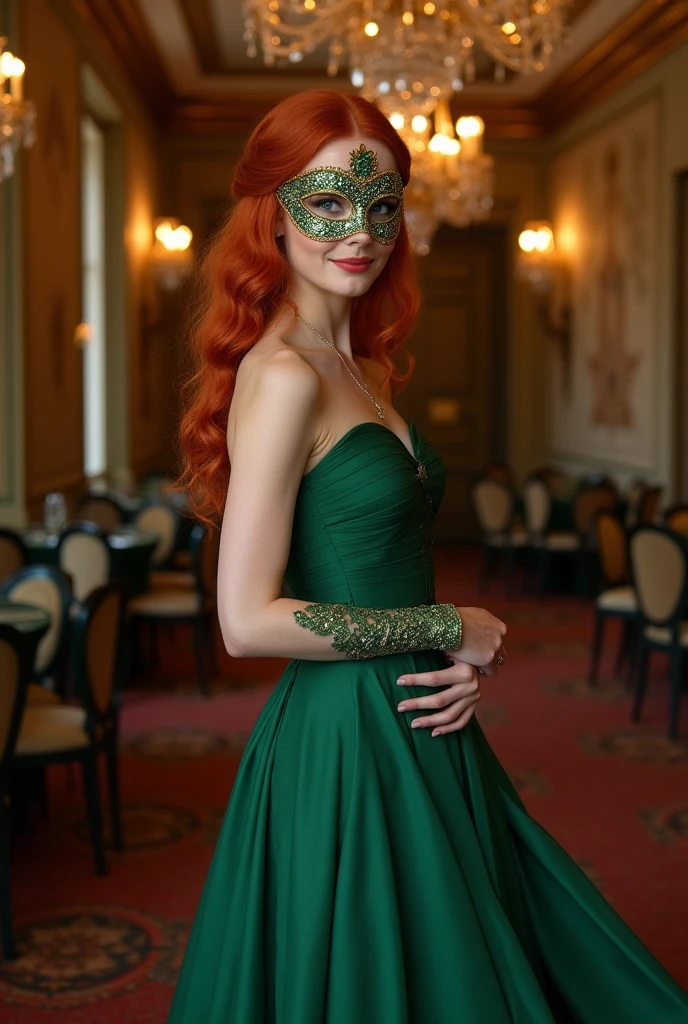 Red-haired woman in long green dress and mask ,fully body 