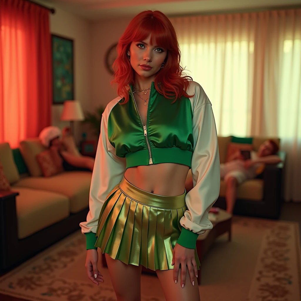 wide depth of field, wide depth of focus, f/11 lens setting, all objects in focus, living room background, full body image, green and white short cropped soft shiny satin bomber jacket, zipped up jacket, pleated shiny satin mini skirt, redhead woman posing with a pistol ,,pistol in one hand, pure form, intricate details, 8K post-production, high resolution, super detailed, Popular topics on Artstation,, Studio photos, intricate details, Very detailed, several unconscious men lay on the floor in the background