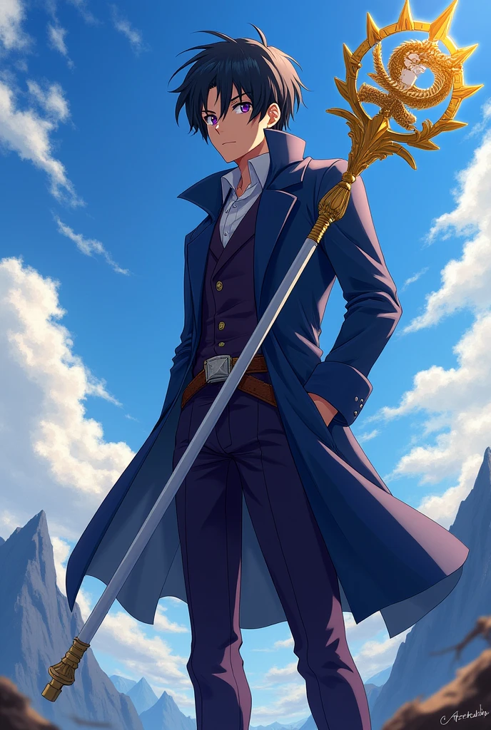 Faça um homem de dungeons and dragons, he is in an anime style, similar to attack on titan, This man is 26 years old, your eyes are purple,he has black hair, loose and hits your ears, he wears a dark blue overcoat, your pants are dark purple almost black, he has a white staff with yellow details, and a symbol of a golden dragon on the staff,