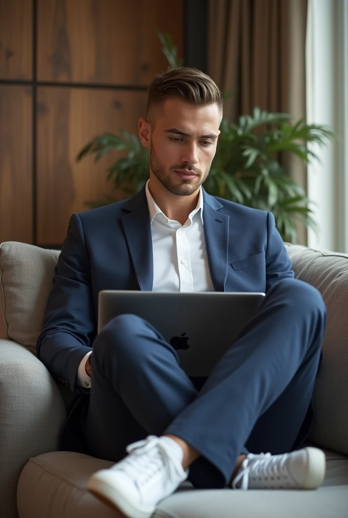 best qualityer:1.4), (ultra high resolution:1.2), (photorrealistic:1.4), (8k, CRU photo:1.2), a thin young man of 20 years old, Light brown skin, with a smooth, beardless face, with short hair, with shaved sides and a slightly low top, he is wearing a white shirt and a navy blue dress shirt on top, is wearing navy blue dress pants, He's wearing white sneakers. He is sitting on the couch with his legs crossed. He's fiddling with the laptop that's on the edge of the sofa.