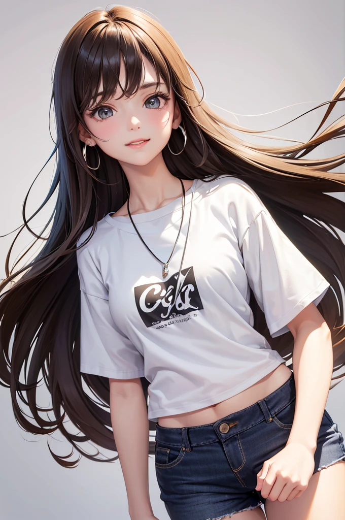 Best Quality,High resolution,8k,(plain white background, no patterns, no textures, just a plain white background:1.3),Masterpiece:1.2),beautiful girl,Shiny brown hair,messy hair,Brown eyes,oversized graphic black tee with a cheerful design, paired with high-waisted shorts in a light, colorful cotton fabric with a subtle pattern. She is wearing casual sneakers with a pop of color, Accessories include a playful pendant necklace and colorful stud earrings,Gentle look,A refreshing look,smile,Best quality,Best Quality,Aesthetic and aesthetic:1.2,Best details((Super detailed))(High-definition CG illustrations),Slender body,smile,blush,cute,Scrounge,Looking up,Being spoiled,super model
