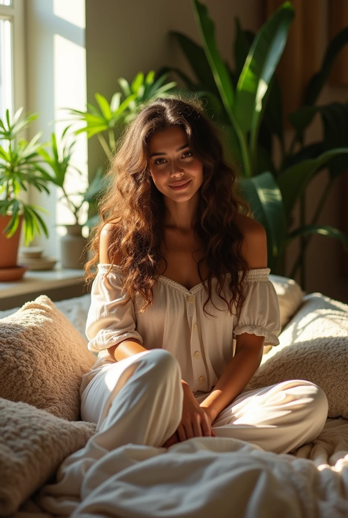 (photorealism:1.2), beautiful woman, sitting on bed, wearing loose off-shoulder top, pajama pants, long curly hair, indoors, soft lighting, plants in background, window with sunlight, cozy room, relaxed pose, realistic, intricate details, warm colors, by Greg Rutkowski, by Alphonse Mucha