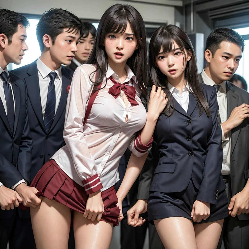 Beautiful innocent high school girl surrounded by excited high school boys, A high school boy rips his uniform off to reveal his sexy underwear, A high school boy grabs my breasts from behind, Anatomically correct, Being molested by a group of high school boys, Be surprised to see the viewers, train, Beautiful wavy brown medium bob hair, Screaming with her mouth open in shame at being seen, blush, Body flushed red, Wet with sweat, Increased sensitivity, Tears overflow from your beautiful eyes, Ultra high definition, Slender body, Idol, Japanese, Cowboy Shot