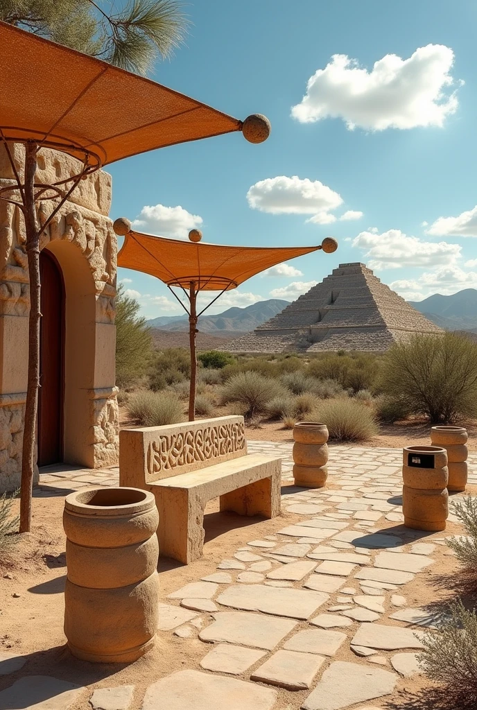 CREATE A PUBLIC BENCH TAKING AS A REFERENCE THE ACAPANA PARAMIDE, INCREASE TRASH CANS AND SOMETHING TO SHADE FROM THE SUN IN A DESERT CLIMATE