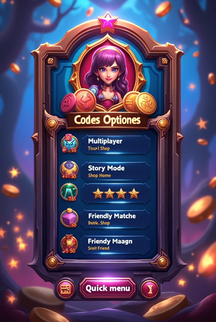 Card game interface that contains the player's avatar, coin balance, position on the leaderboard, rating points. Below is the player menu Multiplayer, story mode, Friendly matches. At the bottom of the screen there is a quick menu with basic functions. Deck, shop, home, quick match, Friends. Interface image in vertical design.