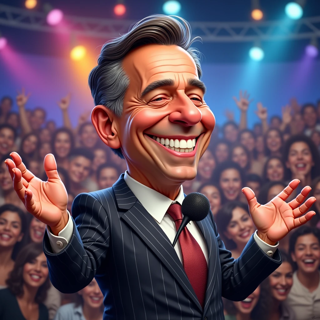 A caricature of Brazilian TV presenter, Silvio Santos. Focus on her big, bright smile with very white, prominent teeth. His skin should be fair, reflecting his white complexion. His hair should be slicked back and dark brown with some gray streaks to represent his advanced age. His expression should be friendly and excited, with half-closed eyes, as if he were smiling or laughing. He is dressed in a dark-colored suit, with light stripes, with a tie that supports his microphone. colorful and bold. And his arms make an expansive gesture, as if he were telling a story or interacting with the audience, and his appearance should reflect an older, wiser version of his look. iconic.