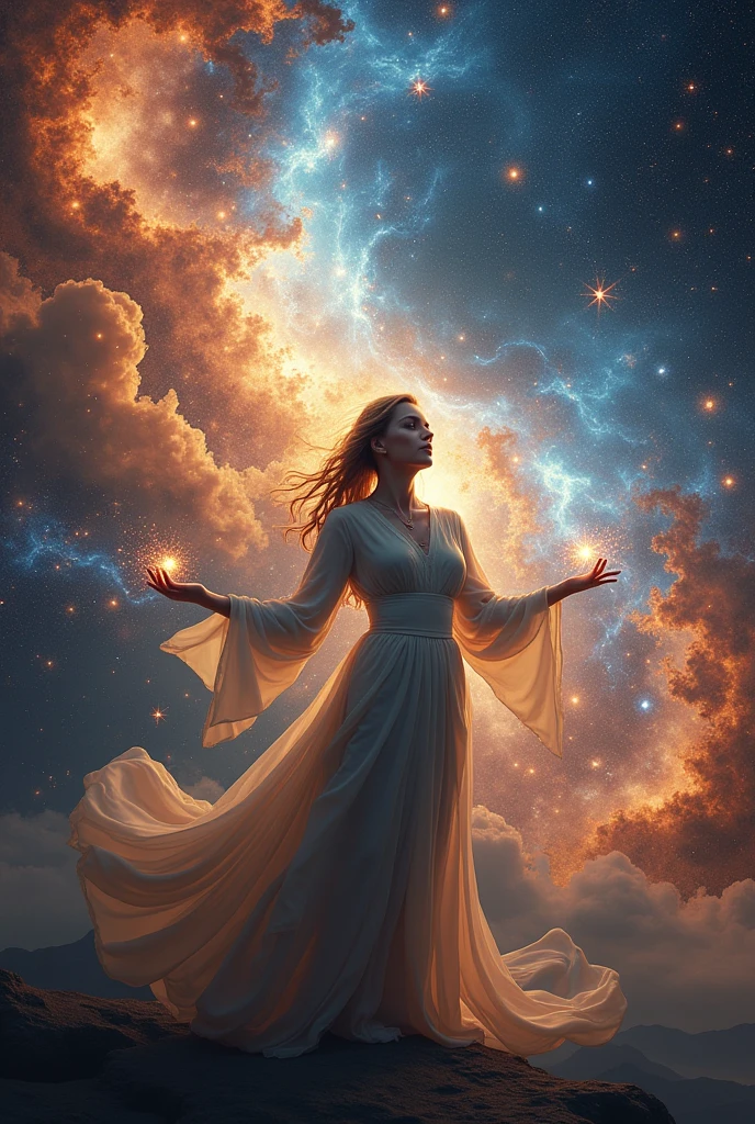 Picture a person standing confidently in the center of a cosmic scene. They might be holding their hands out, with swirling galaxies, nebulae, and stars orbiting around their fingertips. The space around them might shimmer and distort, showing their control over the vast expanse. Their expression could be one of focus and awe, as they manipulate the cosmic elements with ease