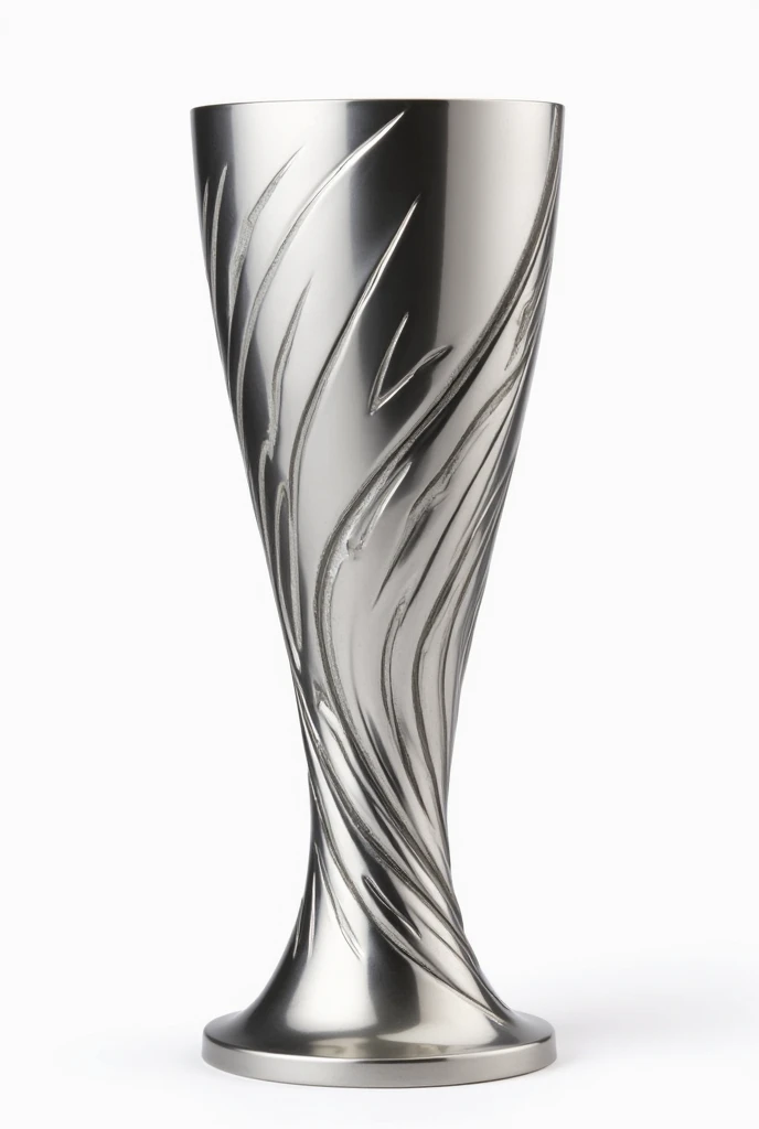 A silver trophy with no place to hold it, with abstract details and details in the middle of the trophy, with a solid foundation, that is not generic, being similar to the Europa League, but that does not have any visible logo, com fundo branco, that is not reflecting anything, and be thicker at the bottom.