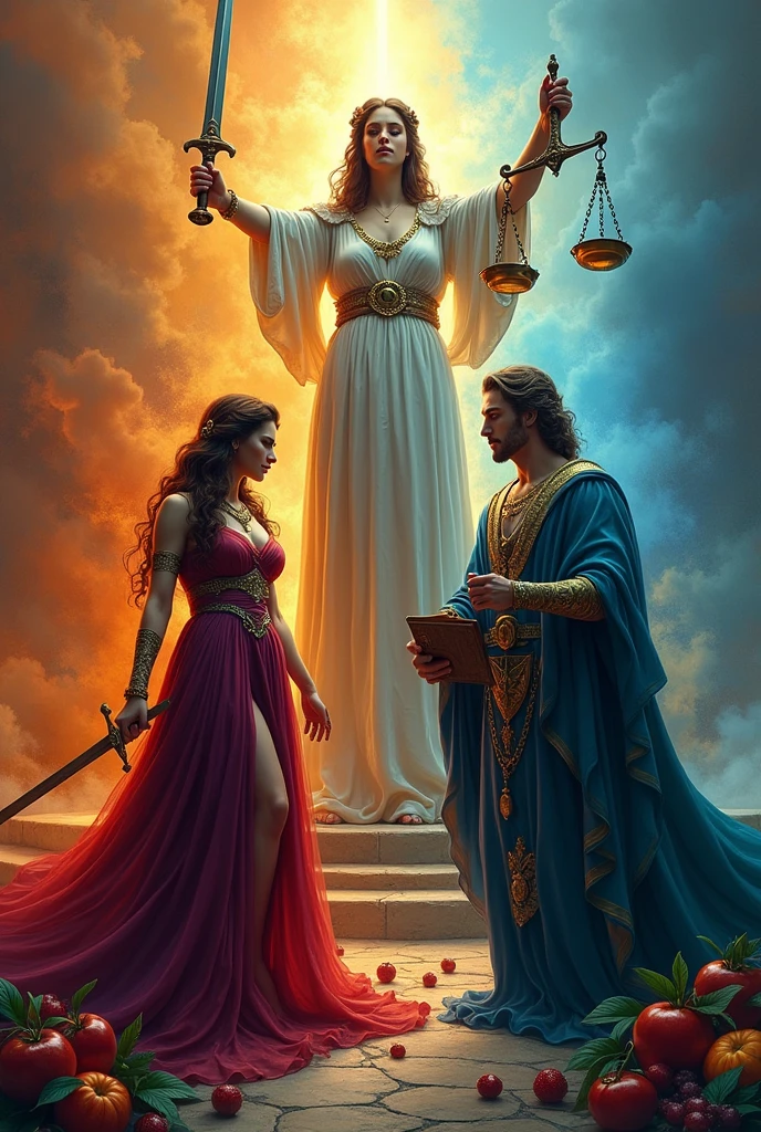 Create an image depicting the intense struggle between Desire, Reason, and Justice, personified as distinct figures. Show Desire as a charismatic and tempting figure, with seductive symbols or objects. Represent Reason as a calm, thoughtful character holding a book or scales, embodying logic and balance. Illustrate Justice as an authoritative figure wielding a sword and scales or a gavel, symbolizing fairness and moral order. Position these figures in a dynamic confrontation, with Desire and Reason engaging in a tug-of-war or debate, while Justice intervenes or oversees the struggle. Use contrasting lighting and colors to emphasize their distinct roles and the moral tension between them.