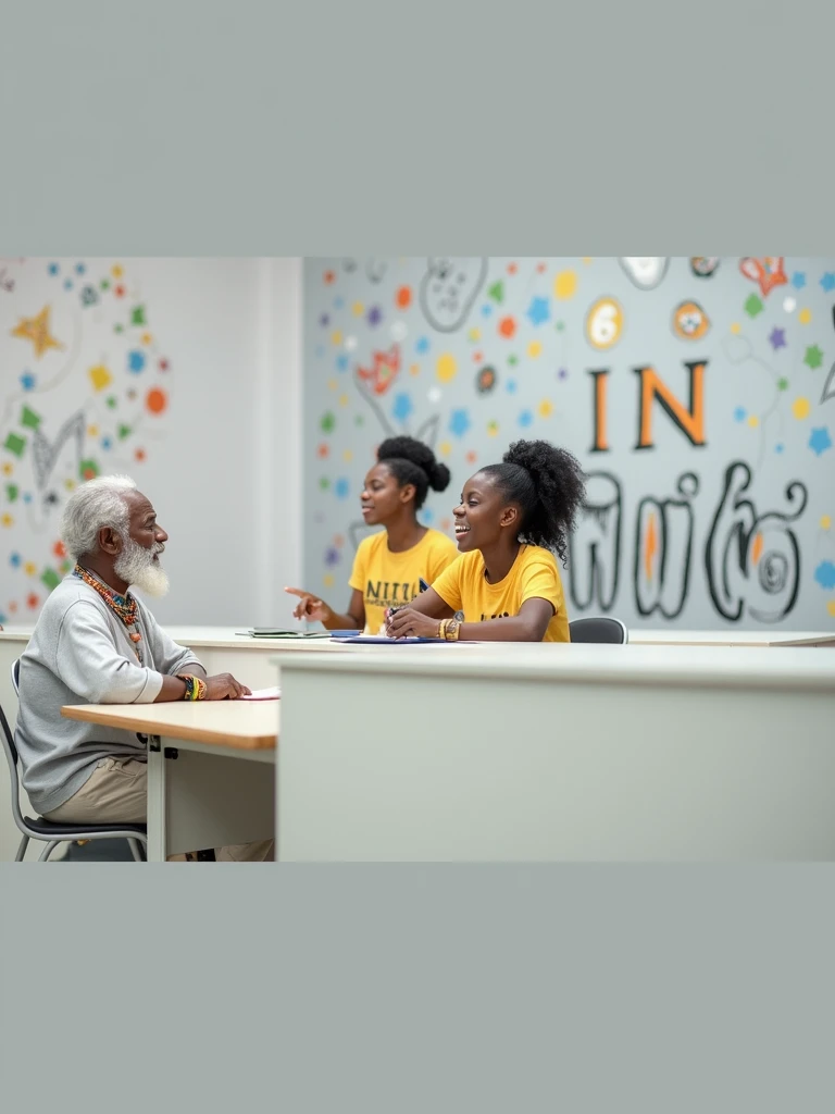 Une image d'une salle de travail à l'université INIVA. Met Bayi Afro-américain âgé de 74 ans, cheveux long, Moustaches, barbes blanches. Longue En compagnie de manbo Gessie Afro-américaine, 54 ans, Portant habit traditionnel et des colliers haïtiens, dreadlocks. Deux jeunes étudiants à INIVA portant t-shirt coloré avec le logo INIVA. Afro-américaine, Âgée de 20 à 30 ans. Salle colorée, Murs tableaux vèvès haïtiens. Image captivante ecrire sur le mur INIVA, les t-shirts