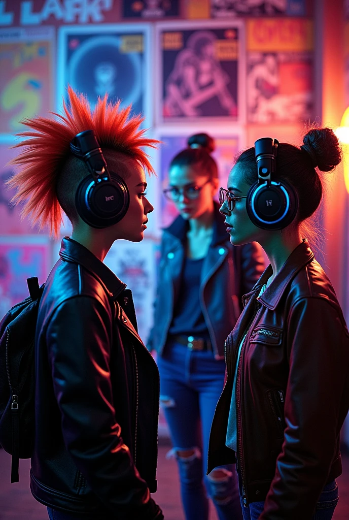 Two punk agers, an alien in a musical battle , and a woman with glasses all in a room