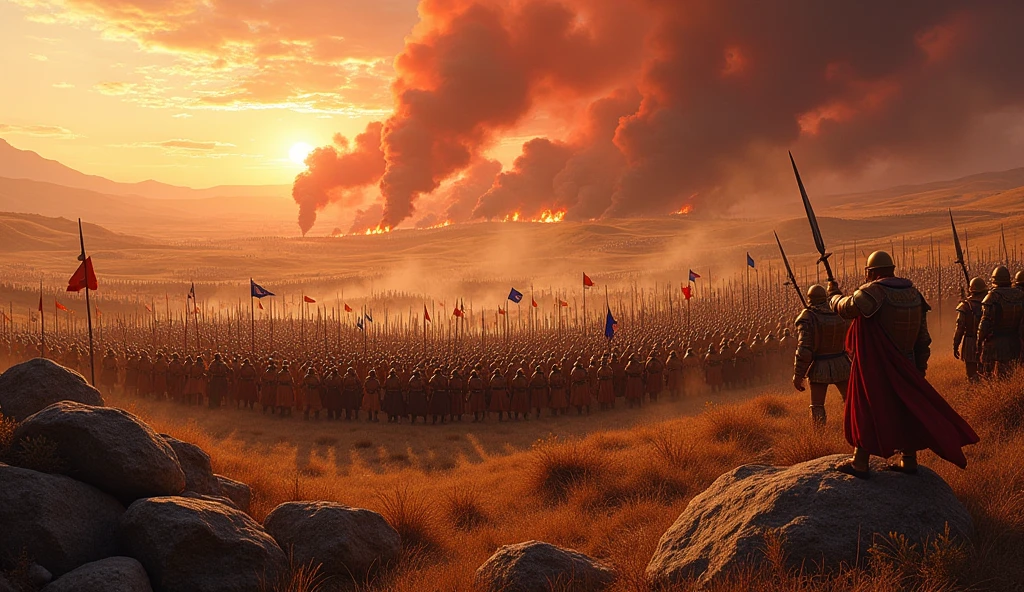biblical history: shows an aerial image of two armies facing each other Israelites vs Ammonites in scenarios of war and fires