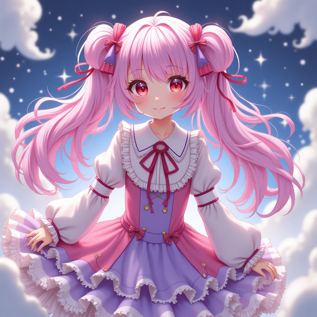 A girl with half-twin hair, some of which is dyed pink and purple, with white hair.。Red eyes and droopy eyes。She wears clothes with lots of frills and ribbons.