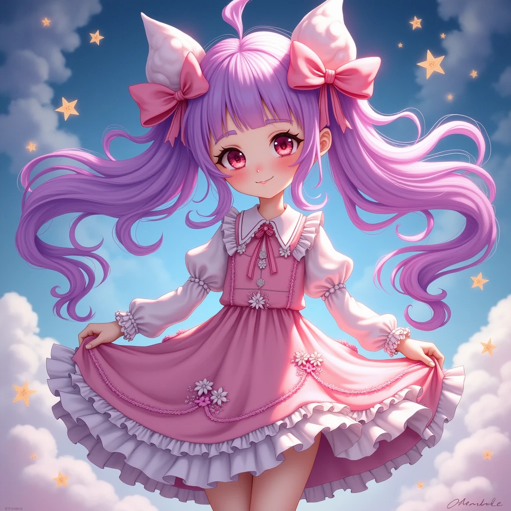 A girl with half-twin hair, some of which is dyed pink and purple, with white hair.。Red eyes and droopy eyes。She wears clothes with lots of frills and ribbons.