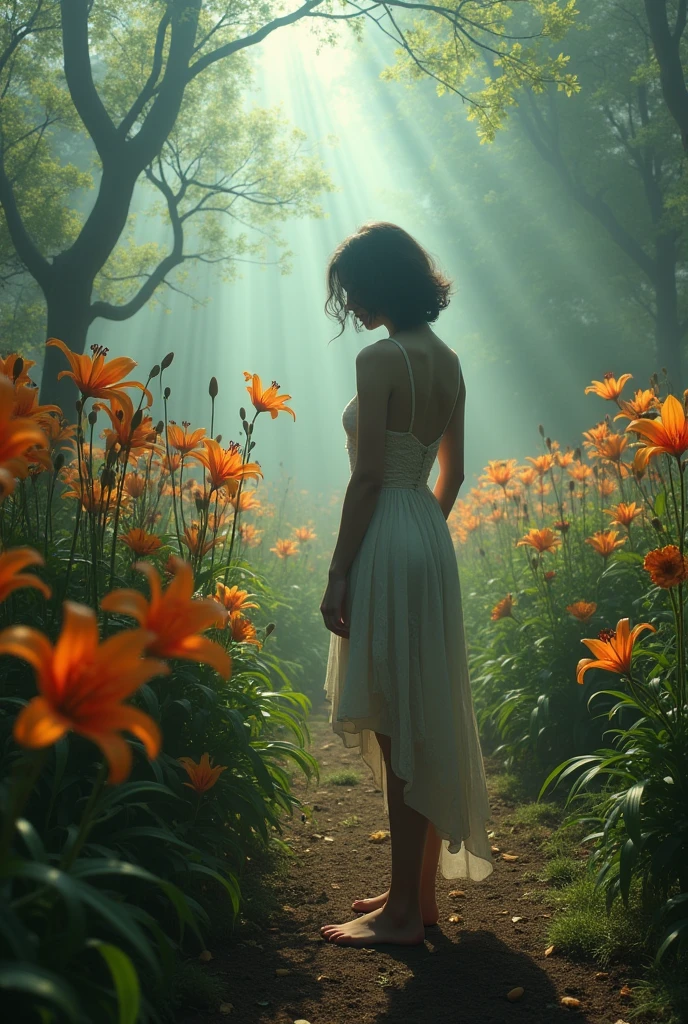 Make a scene according to my poem, what do you imagine? Lilies Longed for passions, purity and spirituality. I grew up with lilies, whose meaning precisely represented my longings. However, my desires remained only in the realm of dreams, I stuck to them and my cultivation did not flourish. I had hope that my lily garden would bloom, bet, Em vez disso, he filled himself with dry and withered flowers. Maybe my inner desires were not enough to cultivate them., since I wanted to flourish externally, without realizing that I was neglecting myself, the essence and inner beauty. What good is outward beauty if the soil is corrupt and the roots are dying?? I realized that I didn't bloom as I expected.. The Lilies, instead of bringing me life, ended up bringing death to the essence of my being.