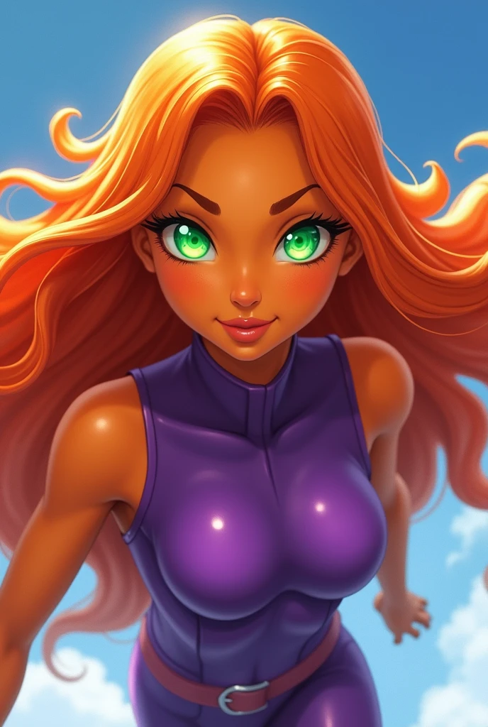 An orange skinned girl, wearing a purple sleeveless power suit. Her eyeballs are bright green, glowing and without pupils inside. She has orange long and wavy hair, an hairbang and she is busty. She flyes in the sky. Beautiful detailed face