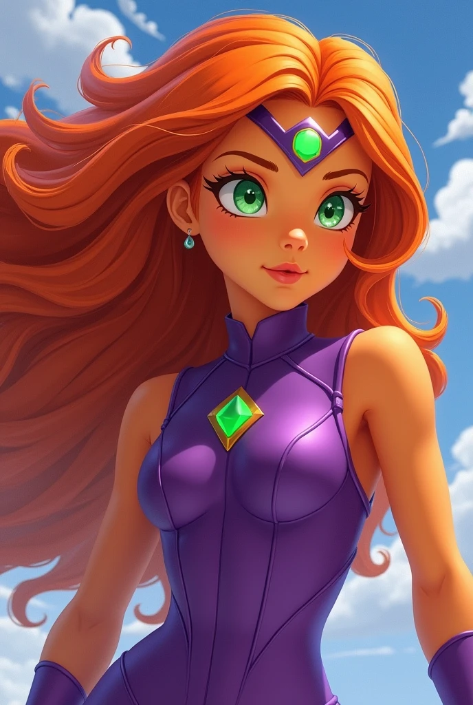 An orange skinned girl, wearing a purple sleeveless power suit. Her eyeballs are bright green, glowing and without pupils inside. She has orange long and wavy hair, an hairbang and she is busty. She flyes in the sky. Beautiful detailed face