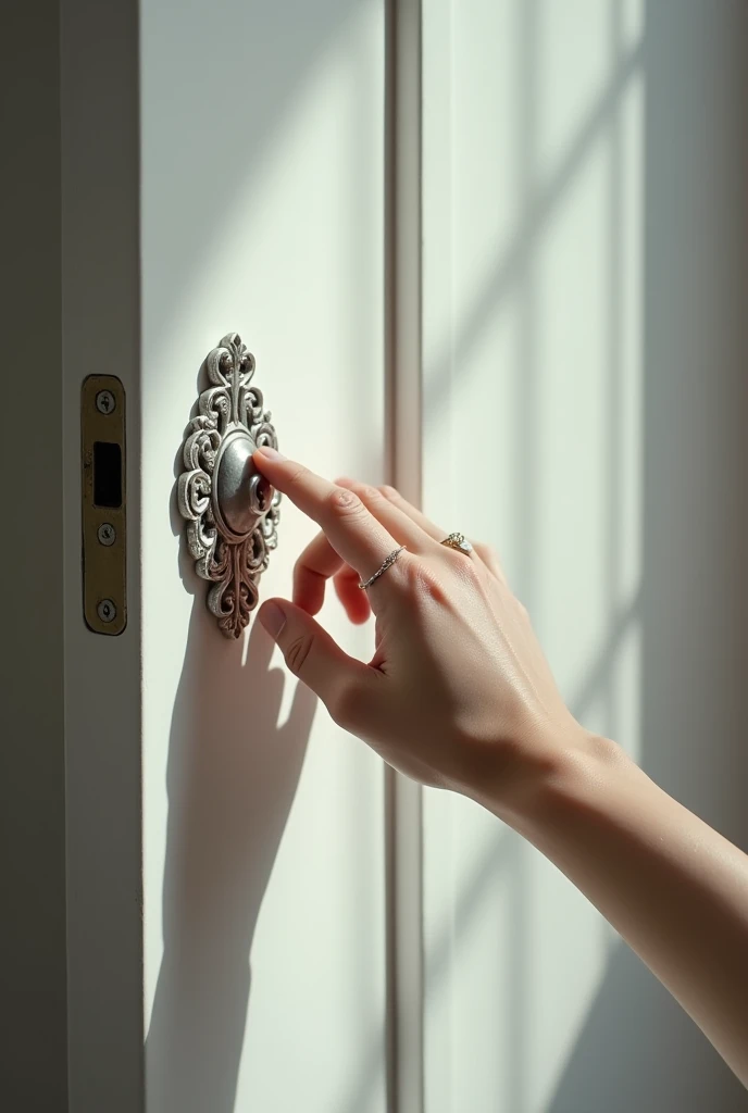 Image of hand taking silver lock on white door