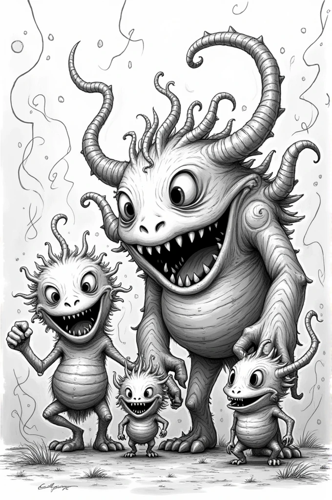 create lineart monster shapes with different characters with detailed and strange shapes