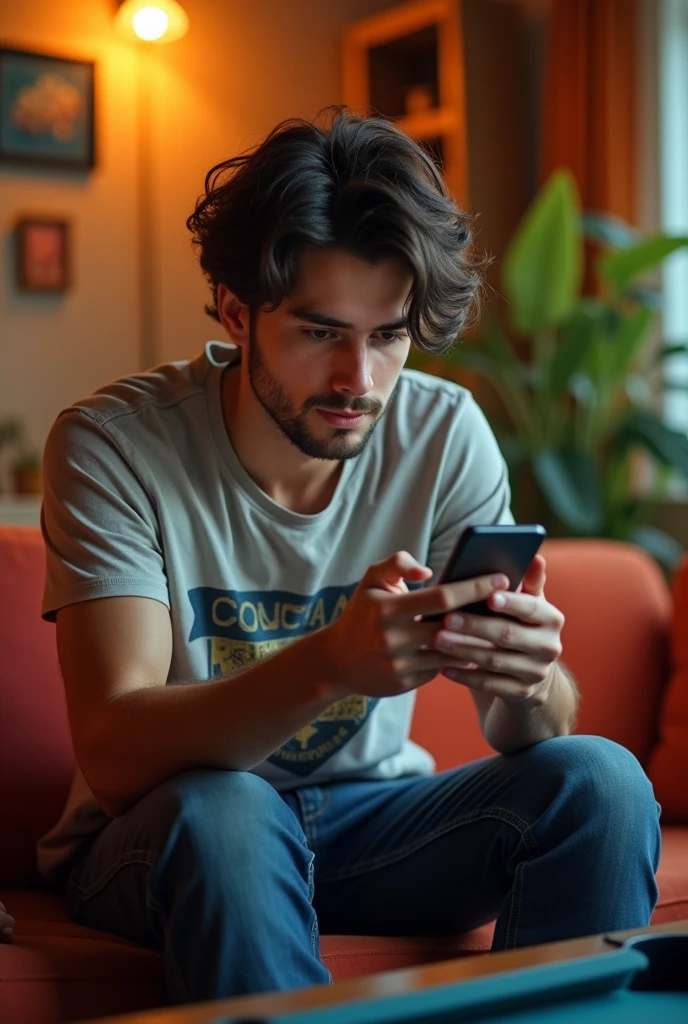 Make a photo of a man who is plying carrom pool Mobile game in phone