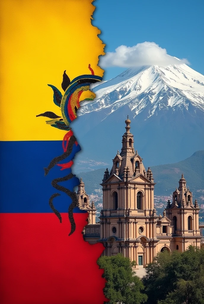 Collage with the flag of Ecuador and the name of Ecuador in letters on the right side of the image.
On the other half a collage with the Ecuadorian mountain range with snowy peaks and the metropolitan cathedral of Quito 