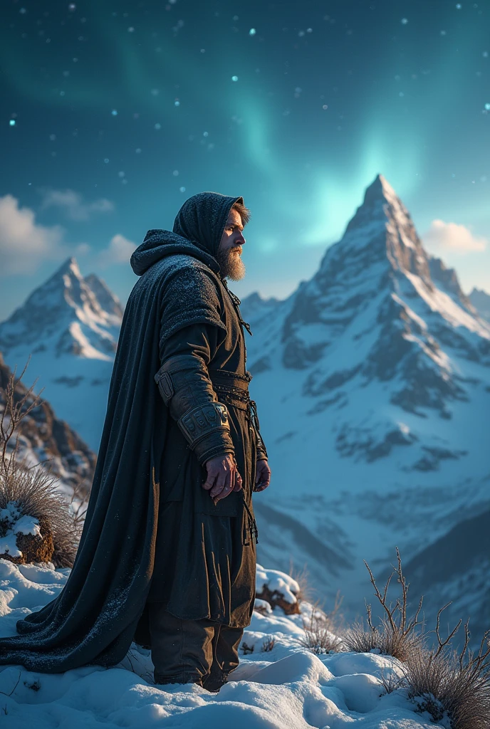 35mm film photography, A snowy mountain landscape under a starry night sky. A bearded mountain man Homeless hooded cloak middle-aged walker lonely takes a step outside, his breath visible in the cold air., studio lighting, copy background, professional grading, advertising, cinematic angle composition, 50mm, high detail, vibrant color palette, close up, wide-angle shot, lens flare, 3D effect ultra-detailed intricate insanely full HD, full body portrait, hyperrealist artwork, photorealistic digital painting cinematic film light, expressive eyes, A whimsical Victorian gothic steampunk, adorned in a golden jacket, captured in a low-angle shot. Surreal lighting casts enchanting shadows, enhancing her cute yet mysterious aura, In the museum city a night a woman hand holding a polaroid picture of a bearded mountain man grinding on the top, Carlos Catasse, holography, bearded mountain man photography, a polaroid photo, 3D effect ultra-detailed intricate insanely full HD, golden ratio, volumetric modeling, spotlight embroidery, accents, intense gaze, digital painting cinematic film light, expressive eyes, ultra-realistic, ultra detailed, photorealistic, , surreal, , indie film screencap, adventure, epic fantasy surreal divine presence edge of reality, Android,