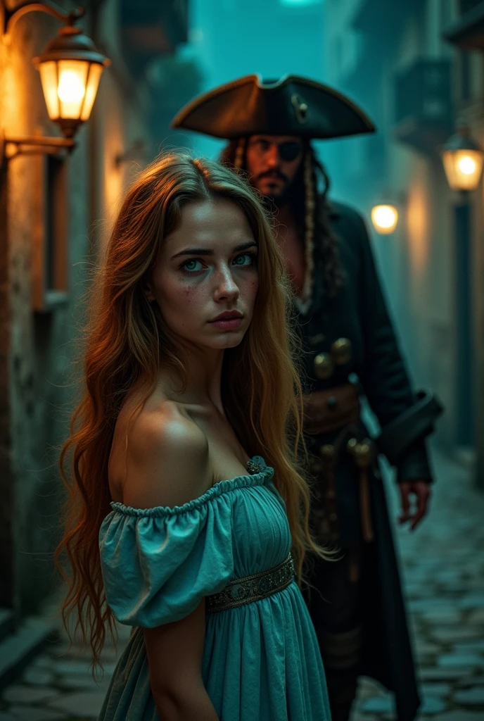 Create an image of a very pretty lady with a scared face crying and escaping from a pirate at night on the street