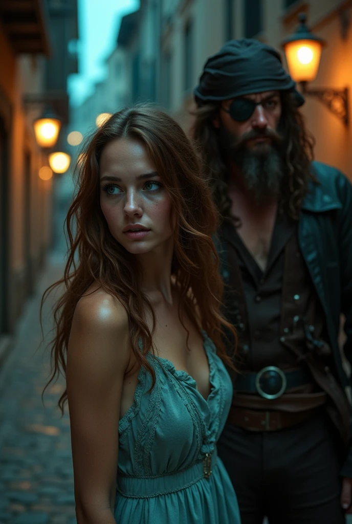 Create an image of a very pretty lady with a scared face crying and escaping from a pirate at night on the street
