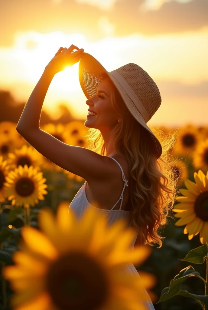 a field full of sunflowers with a silhouette of a woman in the middle of the sunflowers, with a little hat and running his hand through his hair  