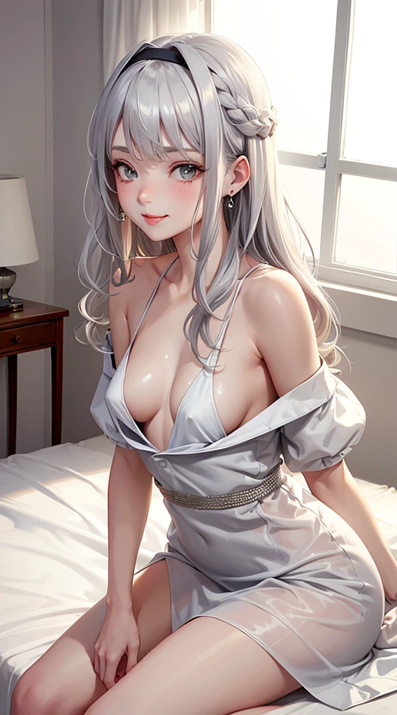 1Girl, Solo, Anime, Ideal body, (Cleavage, (Small breast:1.1), (Hard nipples:1.1). Beautiful, Gorgeous, Fresh, Blunt Bangs, (White Grey Hair:1.5),(Straight and Wavy Long Hair:1.3), sleep robe, sleep dress, night dress, Off-Shoulder, Oversize, dress laced, Comfort, Loose dress, satin Texture. (Sit on bed:1.3). Earrings, Thin Black Headband, Green Accessories, Environmental Details, Bed Room, Natural Light, Modern Bed, Chair, Window, White Curtain, City View. pov, anime style, UHD, retina, masterpiece, accurate, anatomically correct, textured skin. High Resolution, Looking at the viewer, Blush, Best Quality, Award Winning, Accurate, Embarrassed, seductive smile, sweating, Naughty Face, Naughty, Gradient Eye Color, Sexy Pose. Cowboy Shot, licking lips, high class.