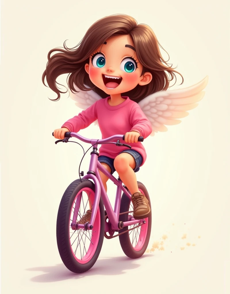 digital illustration, A happy girl, by rubio, Beard style, Riding a bike with pink tires, pink shirt, dark, bright blue eyes, smiling, open frame, whole body. Beard style, details about clothes. angelic beauty, Neutral background with nothing.