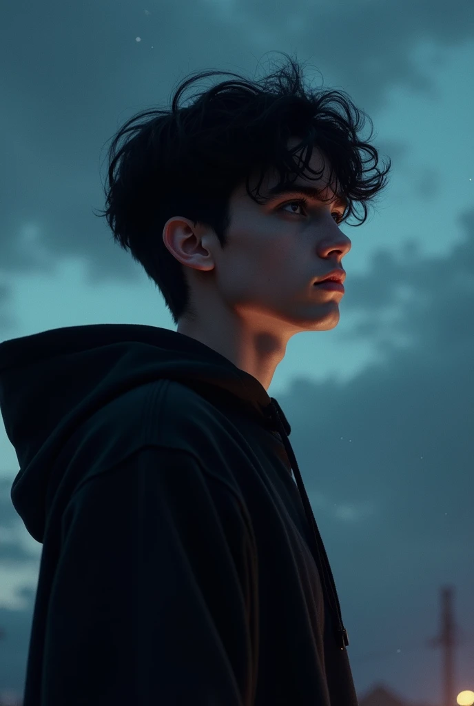 A 20 year old boy with black hair waring black hoddie side face