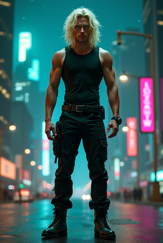 Generate an image of a literary character using the following coordinates: Tall man (1,90cm), stark, blonde with wavy hair and green eyes. Wearing black tactical pants, black tank top and untied boots. He is a humanoid alien.