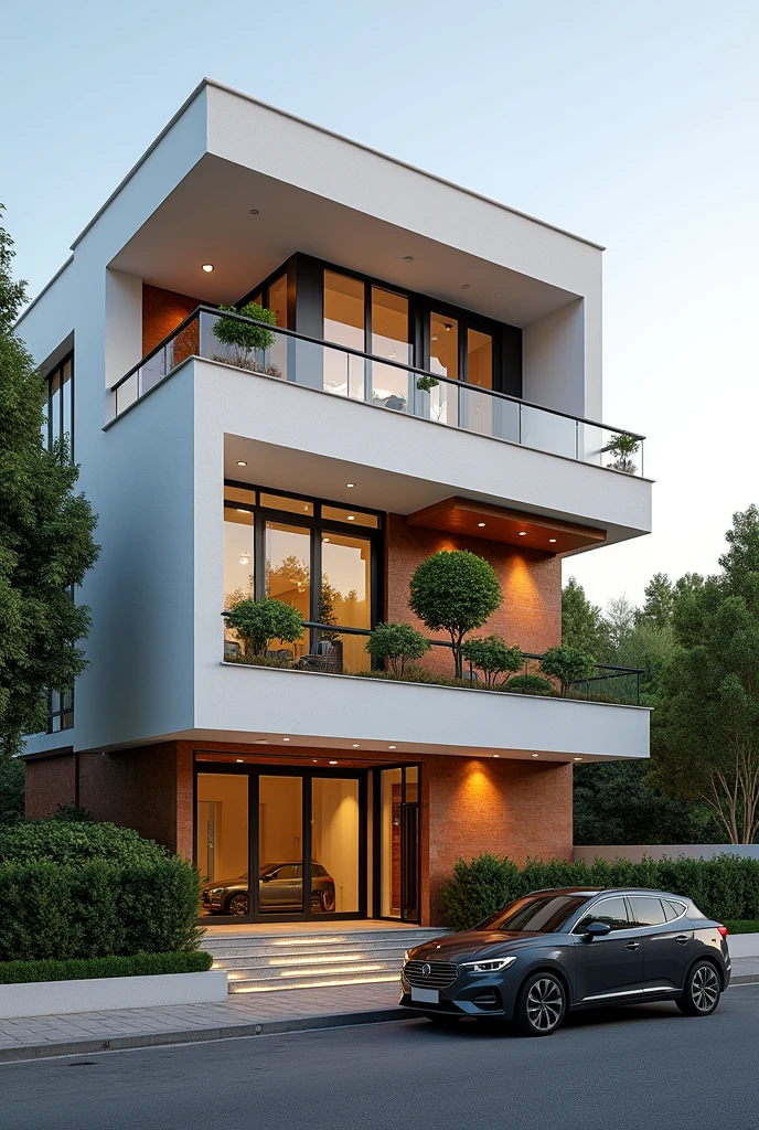 modern three floor townhouse on street, modern style, streetscapes, urban background, white walls combined with Terracotta plaque, glass railings, trees on the balcony, large glass doors, wooden main door, many shrubs, street, stone pavement, cars, RAW photo, 8k uhd, dslr, soft lighting, high quality, film grain, Fujifilm XT3,masterpiece,