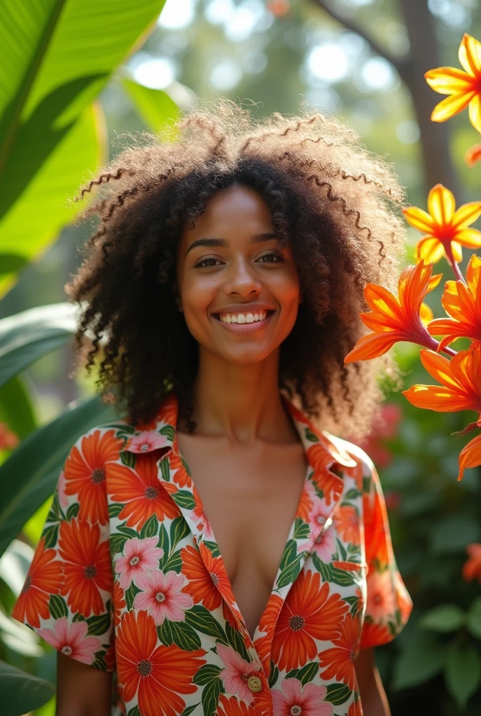 A Brazilian woman in a lush tropical garden, wearing an open shirt with a floral print, with a close-up capturing the harmonious beauty between her breasts and the natural flowers, showing off your natural charm and outgoing personality.