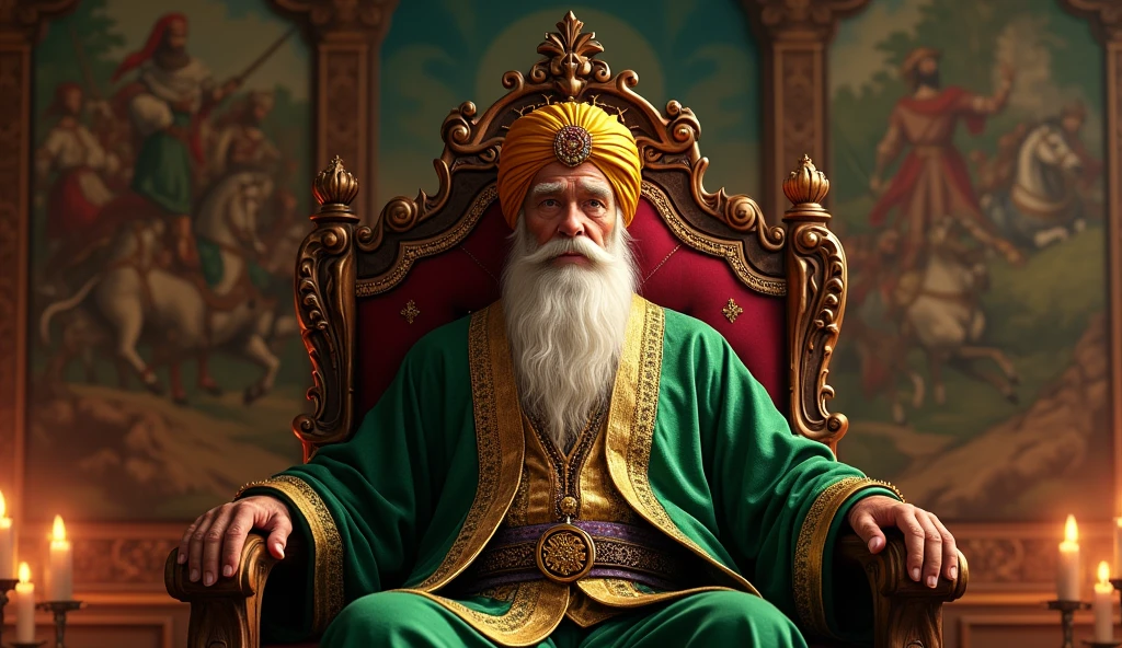 Creat a animated image of a old age Muslim king sitting on his throne and another throne is there